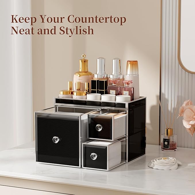 Multifunctional Face Towel Holder with 3 Drawers – Tempered Glass Cotton Pad & Swab Organizer – Disposable Face Towel Holder for Bathroom Vanity