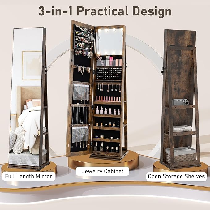 CHARMAID Swivel Jewelry Armoire with Full-Length Mirror & Lighted Makeup Mirror, 360° Rotating Jewelry Cabinet Organizer for Earrings, Rings, Necklaces, Bracelets, Back Storage Shelves (Rustic Brown)
