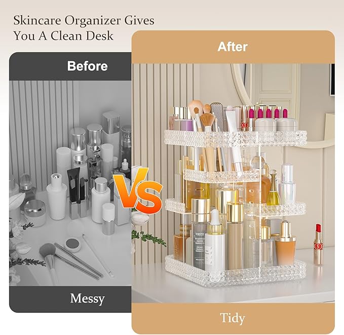 Rotating Makeup Organizer with Makeup Brush Holder, Large Capacity Perfume Organizer for Vanity Countertop, Acrylic Skincare Organizers Spinning Holder Storage Rack (Clear)