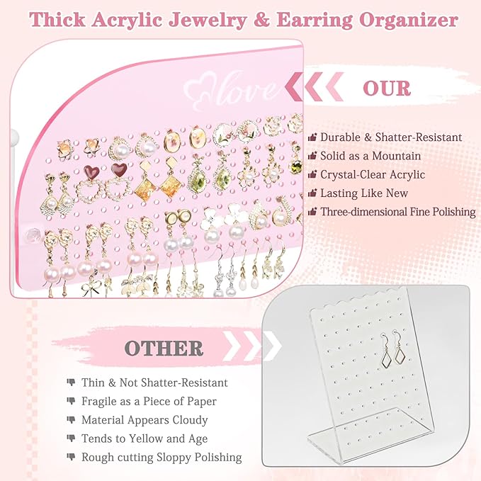 Keebofly Acrylic Earring Organizer Stand for Girls & Teens, Large 300 Holes & 14 Hooks Jewelry Display Holder for Studs, Hoops, Dangles, Necklaces & Bracelets, Vanity Desk Storage Decor, Pink