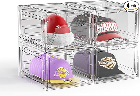 Hat Organizer Box for Baseball Caps, 4 Pack Clear Plastic Hat Storage Box Display Case with Magnetic Door, Hat Rack Holder for Closet, Snapback Organizer, Hold 8 Cap Each