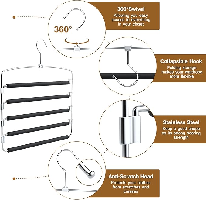 Pants Hangers, 6 Pack Anti-Slip Space Saving Hangers, 5 Layer Swing Arm Pants Hanger Stainless Steel with Non-Slip Padding, Closet Organizers & Storage for Pants Trousers Jeans Scarf