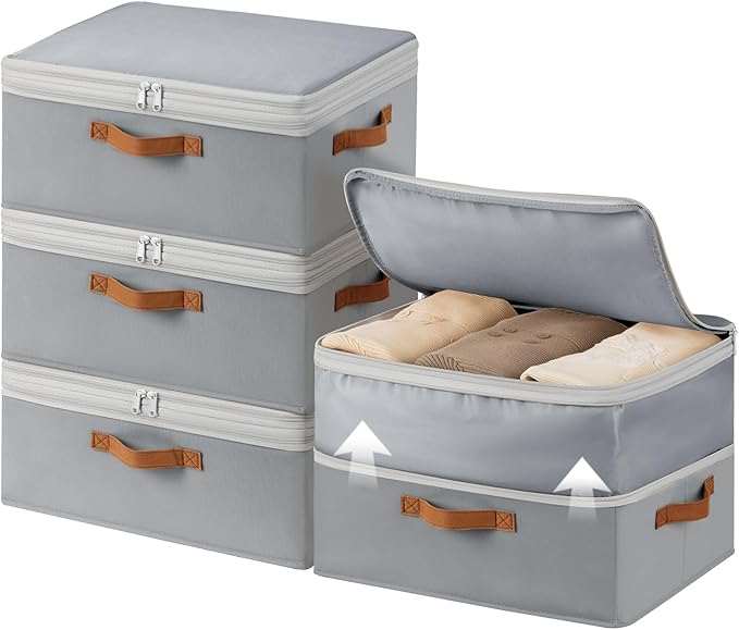 Homosorout Large Closet Storage Bins - Compression Organizer Bins, Stackable Closet Organizer, Expandable Under Bed Storage Containers for Clothes, Towels, Sheet, 4 Pack, Grey