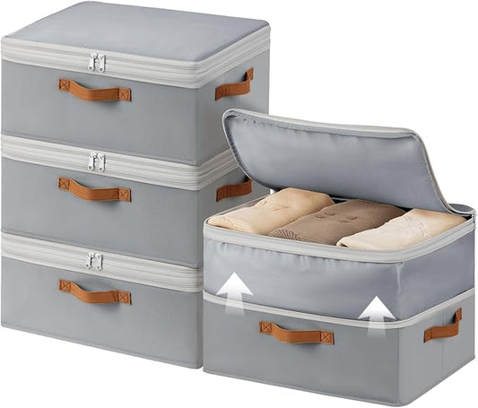 Homosorout Large Closet Storage Bins - Compression Organizer Bins, Stackable Closet Organizer, Expandable Under Bed Storage Containers for Clothes, Towels, Sheet, 4 Pack, Grey