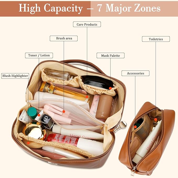 Valentine's Day Gifts for Women Teen Girl, Personalized Initial Makeup Organizer Bag Set, Open Flat Travel Cosmetic Bag With Clear Divider and Handle(Brown,A)