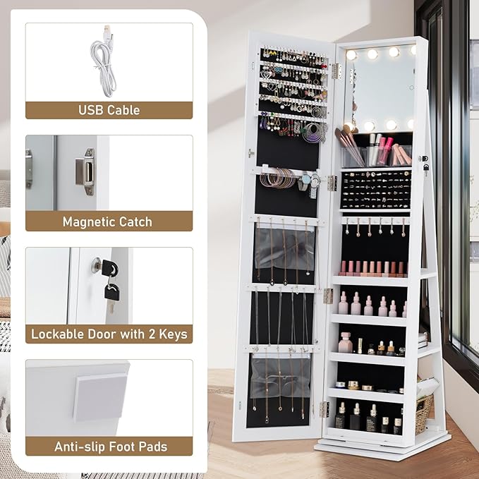 CHARMAID Swivel Jewelry Armoire with Full-Length Mirror & Lighted Makeup Mirror, 360° Rotating Jewelry Cabinet Organizer for Earrings, Rings, Necklaces, Bracelets, Back Storage Shelves (White)