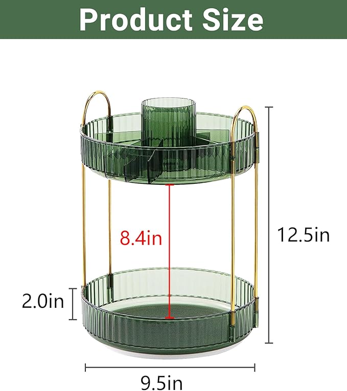 360 Rotating Makeup Organizer,2 Tier Large Capacity Make Up Organizers and Storage,Skincare Perfume Vanity Organizers,Bathroom Cosmetics Storage Organizer Countertop (Green)