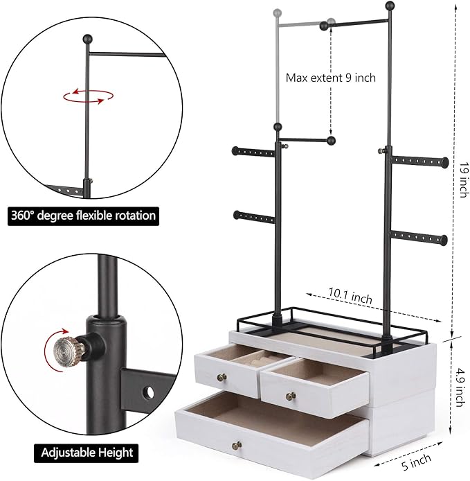 OLAKEE Jewelry Organizer - 2 Layer Wooden Jewelry Drawer Storage Box with 6 Tier Jewelry Tree Stand, Jewelry Display for Necklaces Bracelet Earring Ring (Rustic White)