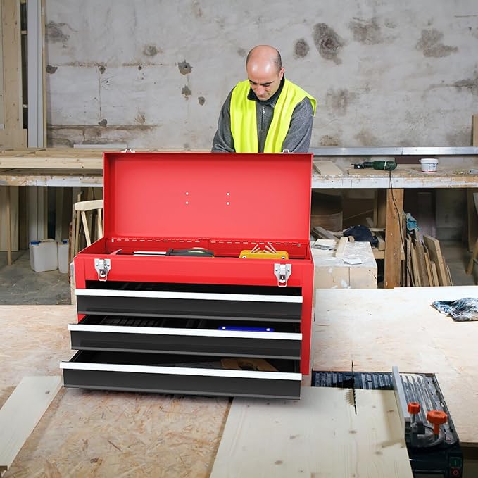 IRONMAX Portable Tool Box, 20.5’’ Lockable Steel Tool Chest Cabinet w/Comfortable Handle & 3 Drawers, Heavy Duty Storage Toolbox Tool Organizer for Garage, Warehouse, Home (Black+Red)