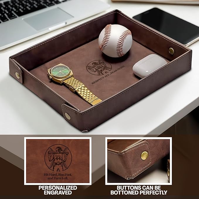 Personalized Baseball Valet Tray – Engraved PU Leather Catchall in Light Coffee – Custom Name Nightstand Organizer for Keys, Wallet, Jewelry, and Essentials – Unique Gift for Baseball Fans