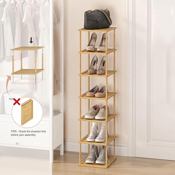 Bamboo Free Standing Shoe Rack Shelf Multi Tier Tall Wooden Stackable Shoes Rack Organizer for Closet Front Door Entrance Narrow Vertical Shoe Storage (Bamboo, 7 Tiers)
