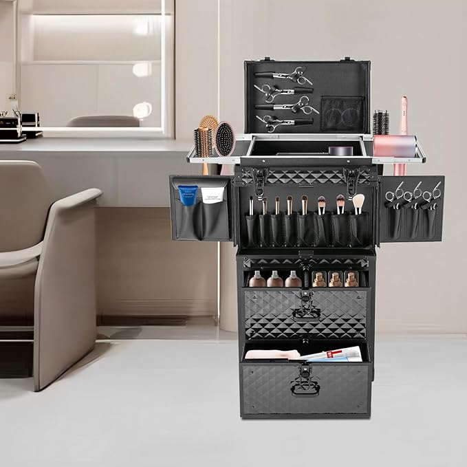 Rolling Makeup Case Large Storage Cosmetic Trolley, Rolling Lockable Makeup Train Case, Stylist Beauty Salon Cosmetic Luggage Travel Organizer Tool Box with Hair Dryer Holder