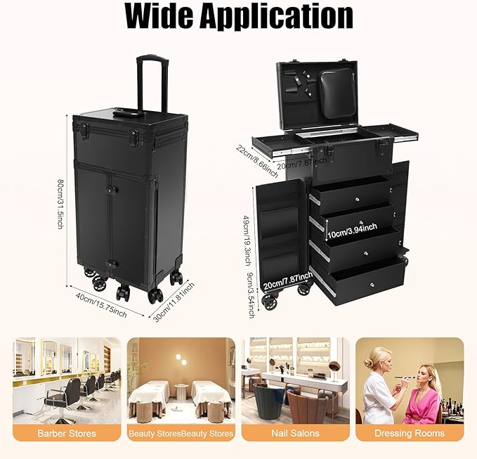 Professional Rolling Makeup Case 4 Drawers Pro Makeup Artist Cosmetic Train Case Hairstylist Travel Case Portable Make Up Station with Multiple Compartments & 6 Swivel Wheels - Black