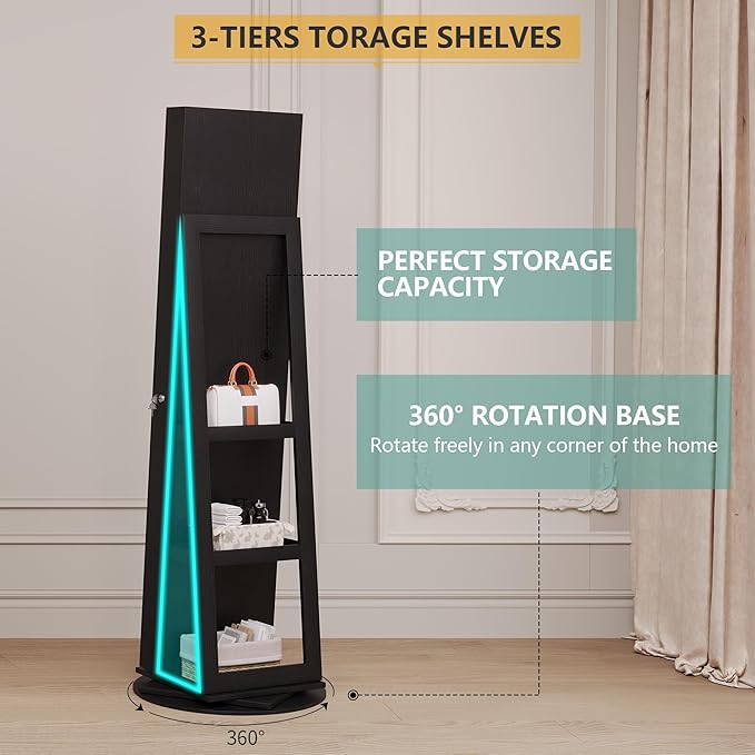 Vlsrka 360° Swivel Mirror Jewelry Cabinet with Lights, Large Jewelry Armoire Cabinet Standing, Lockable Free length Mirror with Storage, Rear Storage Shelves, Black