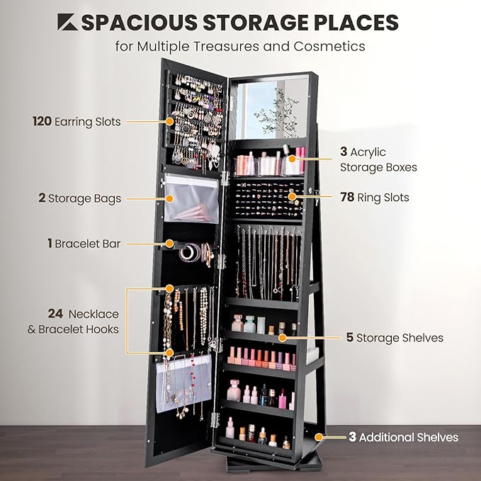 360° Swivel LED Mirror Jewelry Cabinet with Full Length Mirror, Lockable Floor Standing Mirrored Jewelry Armoire Organizer w/Inside Makeup Mirror & Back Storage Shelves, Space-Saving (Black)