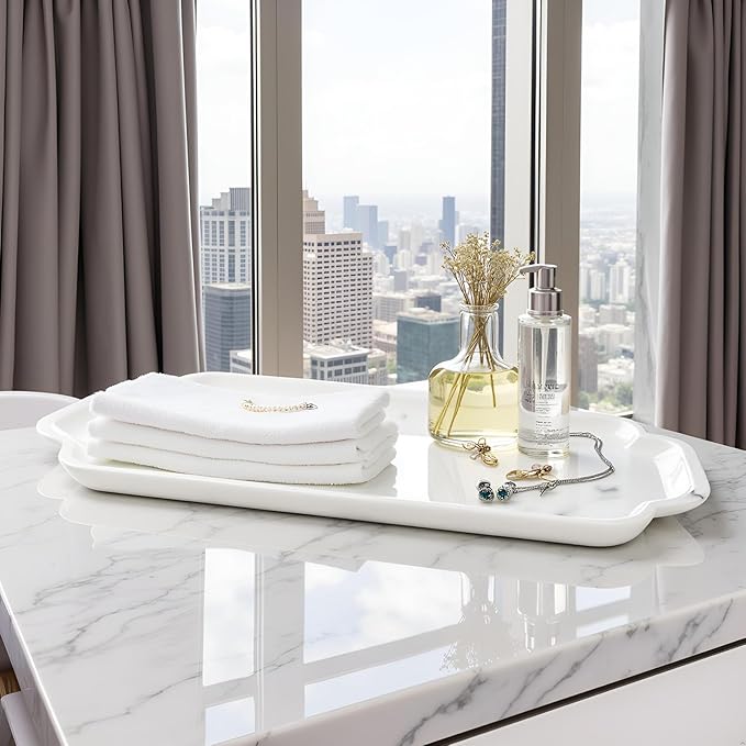 Marmor 100% Natural Marble Bathroom Tray for Perfume, Candles, Jewelry Stone Vanity, Bathroom & Kitchen Counter Organizer and Home Decor (Calacatta White)