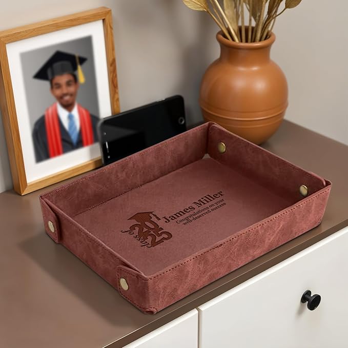 Personalized Light Coffee PU Leather Valet Tray – Custom Engraved Catchall for Desk, Dresser, or Nightstand – Compact Organizer for Keys, Wallet, Jewelry – Unique Gift for Him or Her