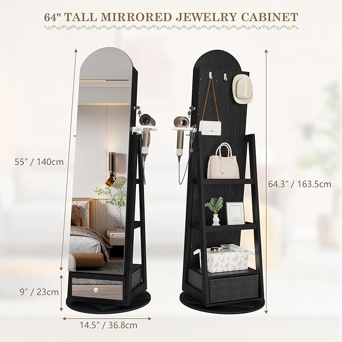 LVSOMT 360° Swivel Arched Jewelry Mirror Cabinet, 64"H Standing Jewelry Armoire with 6 LED Lights, Lockable Jewelry Organizer, Arch Full Length Mirror with Storage, Inner Makeup Shelf, Drawers (Black)