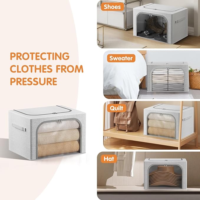 Large Size 66L 3 Pack Clothes Storage Bin with Metal Frame, Stackable & Foldable Box with Lids, Closet Organizers And Storage For Bedding, Cap, Sweater (Fully Transparent)