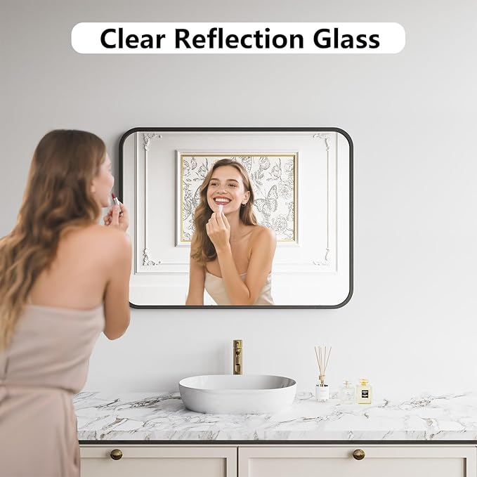 Koonmi Bathroom Mirror, 28X32 Inch Black Metal Framed Mirror for Bathroom, Tempered Glass, Anti-Rust, Rounded Rectangle Mirror for Restroom, Bedroom, Black