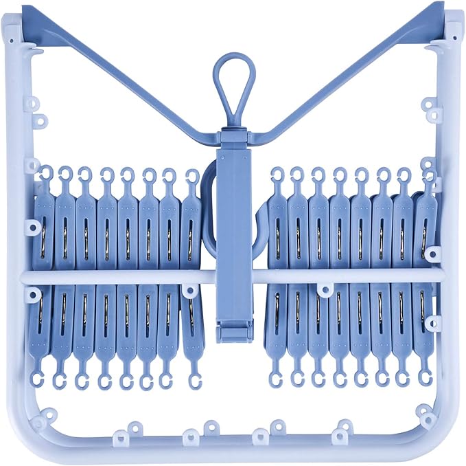 Foldable Clip Hangers Blue with 32Pcs Drying Clips Wind-Proof Hook for Underwear Socks Bras Lingerie Clothes
