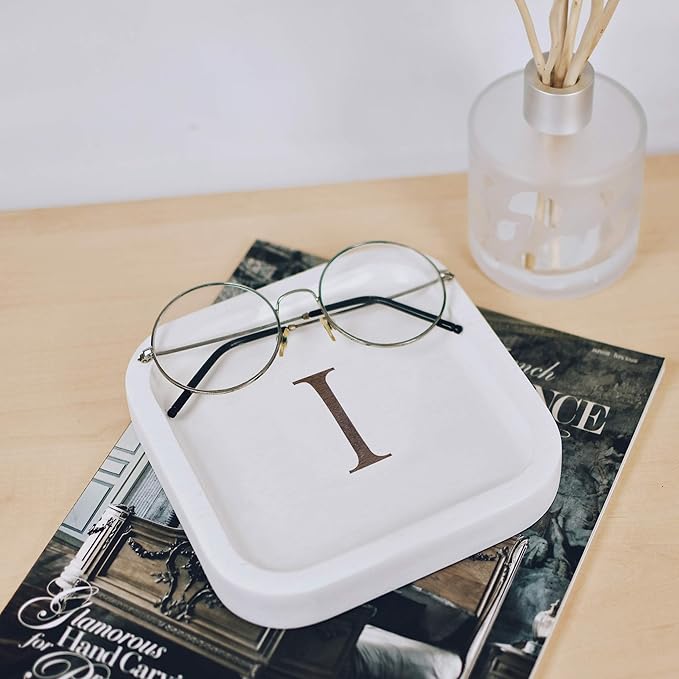 Wooden Personalized Letter Catchall Valet Tray Trinket Dish Jewelry Tray Key Bowl Decorative Plate Organizing Ring Earrings Necklaces Bracelet Watch Coins Wallet Holder (6"x6" Sq White "I")