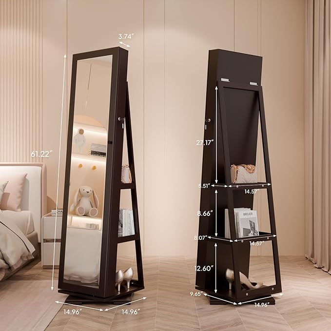 Bonnlo 360° Swivel Jewelry Mirror Cabinet with Inside Makeup Mirror,Full Length Mirror with Jewelry Storage, Lockable Standing Jewelry Armoire Organizer, Espejo Oon Almacenamiento for Bedroom,Brown