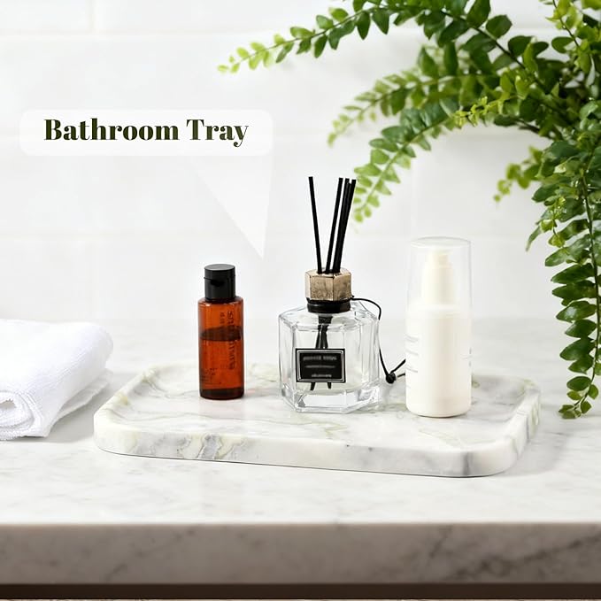 Luxury Marble Vanity Tray, Bathroom Tray Countertop, Bianco Marble/Stone, Home Decorative Dresser Organizer, Storage for Kitchen Sink, Perfume Jewelry Holder(Green&White)