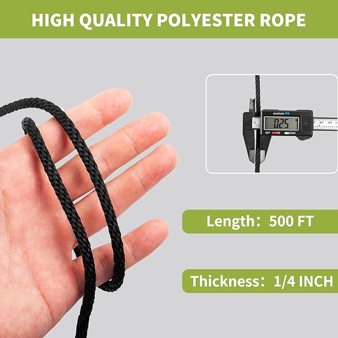 1/4 Inch 500FT Black Polyester Solid Braid Rope | High UV & Abrasion Resistance | Industrial Grade, Low Stretch | Multipurpose for Flag Poles, Clotheslines