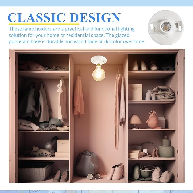 20 Pcs Medium Base E26 Lamp Holder Ceiling Light Sockets White Bulb Socket Incandescent Fluorescent CFL Lamp Holder 660w 250v (Porcelain)