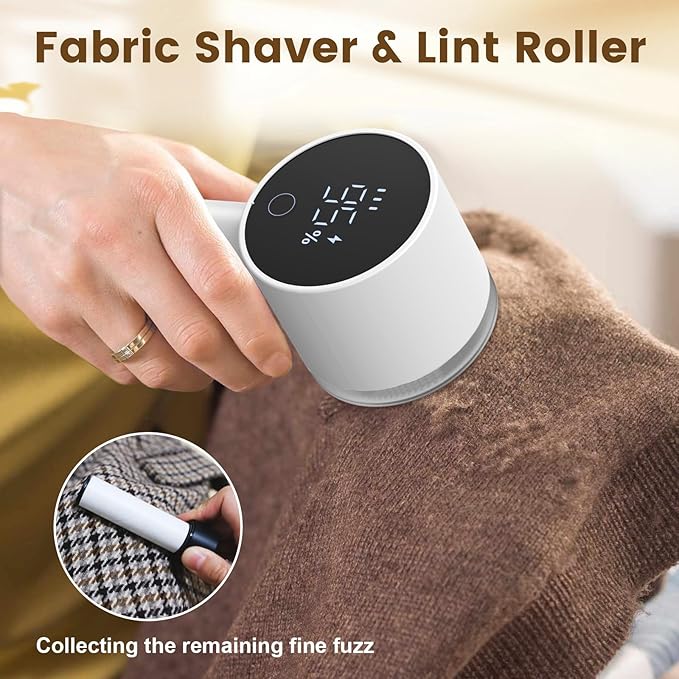 Fabric Shaver Electric Fuzz Remover, 2 in 1 Rechargeable Sweater Shaver with Lint Roller, Magnetic Cap, Digital Display, 2 Extra Blades, Defuzzer for Clothing Furniture Couch - White