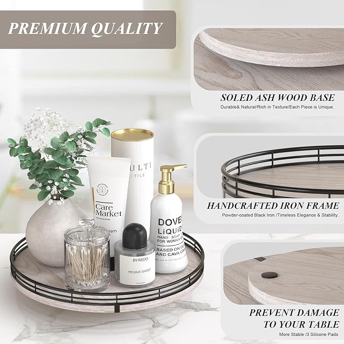 12" Farmhouse Lazy Susan for Kitchen & Coffee Table Decor – Rustic Whitewashed Wood Tray with Black Metal Frame, Decorative Centerpiece for Dining Room, Ottoman, Living Room, Serving or Vanity Use