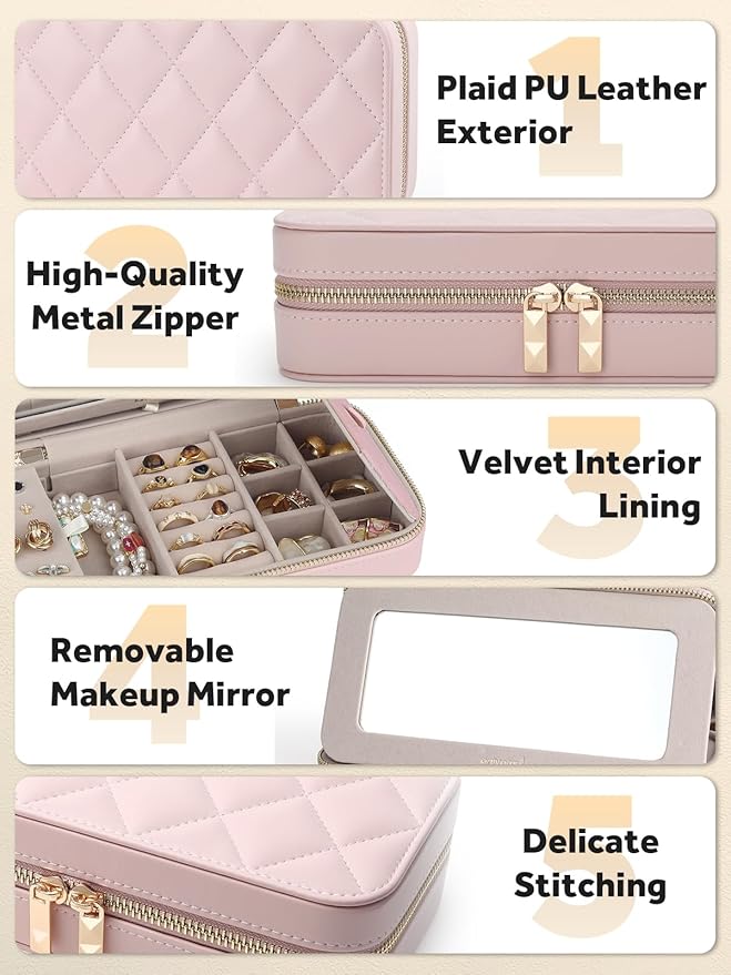 Travel Jewelry Case with Mirror, Quilted Small Jewelry Box Organizer for Women Girls, Portable Earring Necklace Bracelet Ring Holder Storage for Travel, Gifts for Her (Blush Pink)