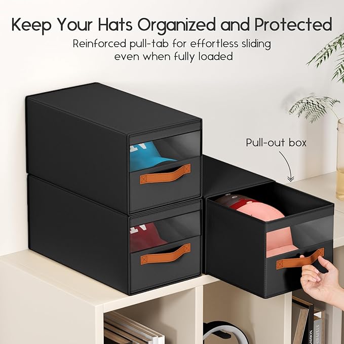 Hat Organizer for Baseball Caps - 3 Pack Pull-Out Drawer Hat Storage Organizer Box with Clear Window, Stackable Closet Cap Holder, Baseball Cap Organizer for Closet, Bedroom, Home, Black