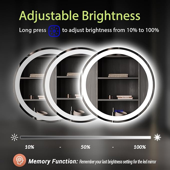 24" LED Round Bathroom Mirror – Front & Backlit Lighted Vanity Mirror, Wall-Mounted with Smart Memory Touch, Stepless Dimming, Anti-Fog, Shatterproof Design