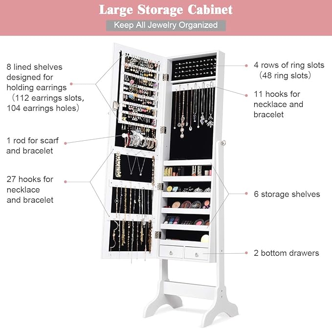 Giantex Lockable Standing Jewelry Armoire with Full Length Mirror, Large Storage Capacity Jewelry Cabinet Organizer with 2 Drawers, 4 Angle Adjustable, Extra Wide Mirror for Women Girls (White)
