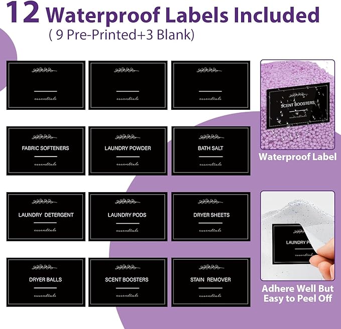 2+1 Pack Clear Laundry Pods Container & Dryer Sheet Holder, Plastic Square Laundry Room Organization and Storage Jars with Black Lids, Scoops & Labels for Detergent, Powder, Dryer Balls