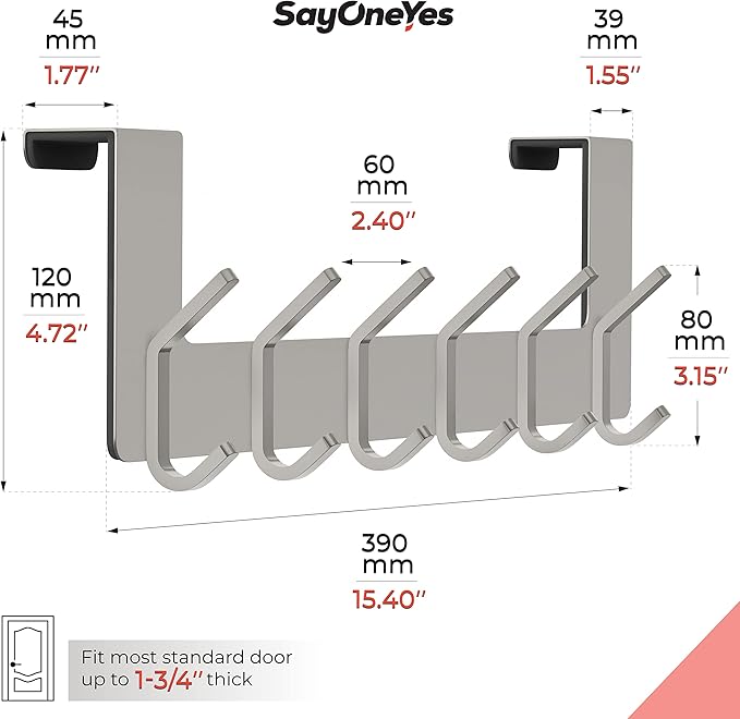Brushed Nickel Over The Door Hooks – Heavy Duty Stainless Steel Door Hanger with 6 Double Hooks for Hanging Towels, Coats, Robes, Hats, Bags – No Drill Over Door Towel Rack for Bathroom & Bedroom