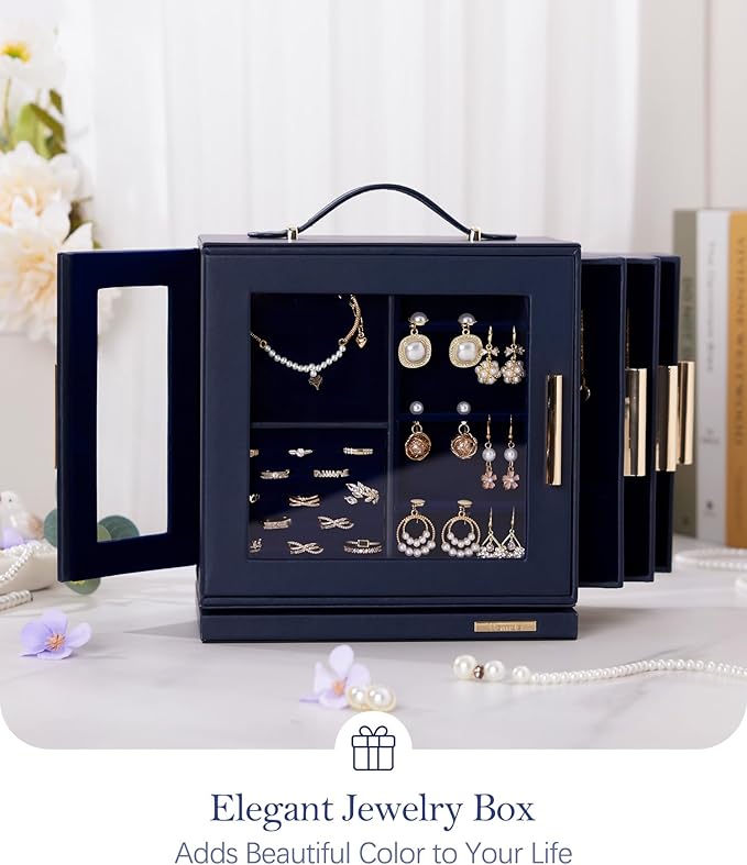 Homde Valentine's Day gifts Jewelry Box 360° Rotating, Necklace Earring Organizer with Transparent Window, Mirror, 7 Drawers, Large Ring Display Storage Case for Girls Women (Dark Blue)