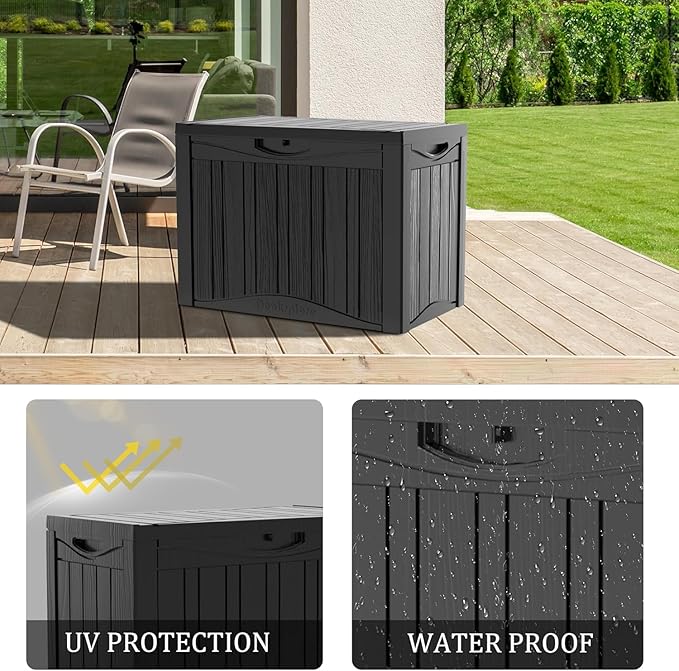 50 Gallon Plus Outdoor Storage Box, Waterproof Resin Deck Box for Patio, Pool, and Garden, Lockable Bin for Cushions, Tools, and Accessories, UV-Resistant, Black