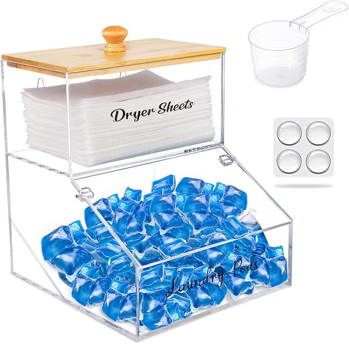 2 In 1 Laundry Pods Container & Dryer Sheet Holder, Acrylic Dryer Sheet Container with Bamboo Lid, Clear Dishwasher Pod Holder with Stickers for Laundry Room, Kitchen, Home