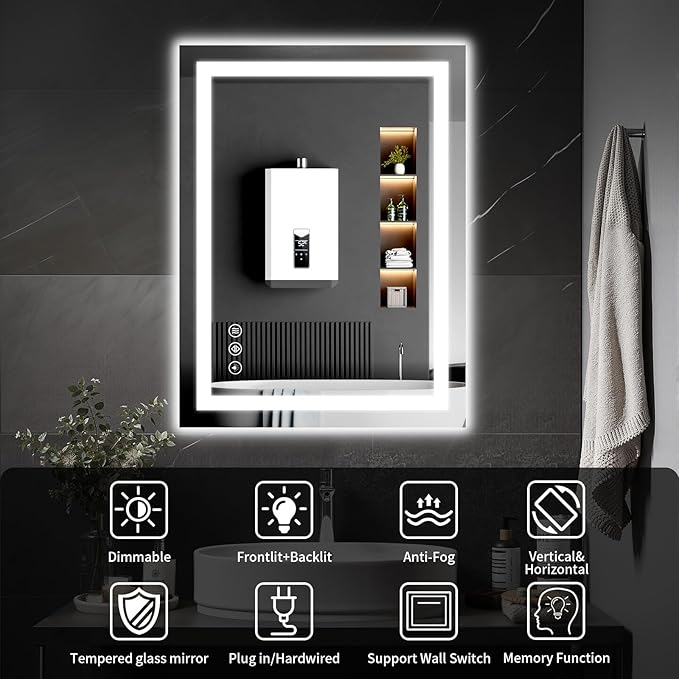 20"x28" LED Bathroom Mirror with Lights, Dimmable，Anti-Fog，Bathroom Vanity Mirror for Wall, Backlit + Front Lit, Memory Function, Shatter-Proof，Tempered Glass