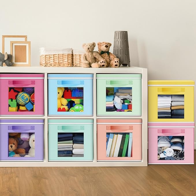 10 Pcs Fabric Storage Cube with Lid 11x11 Inch Fabric Storage Bins with Window Handle Collapsible Cube Organizer Basket for Shelves Closet Bedroom Office Clothes Book Stuffs (Pastel)