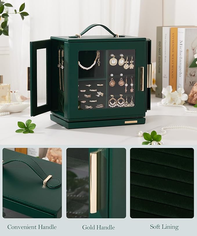 Homde Valentine's Day gifts Jewelry Box 360° Rotating, Necklace Earring Organizer with Transparent Window, Mirror, 7 Drawers, Large Ring Display Storage Case for Girls Women (Forest Green)