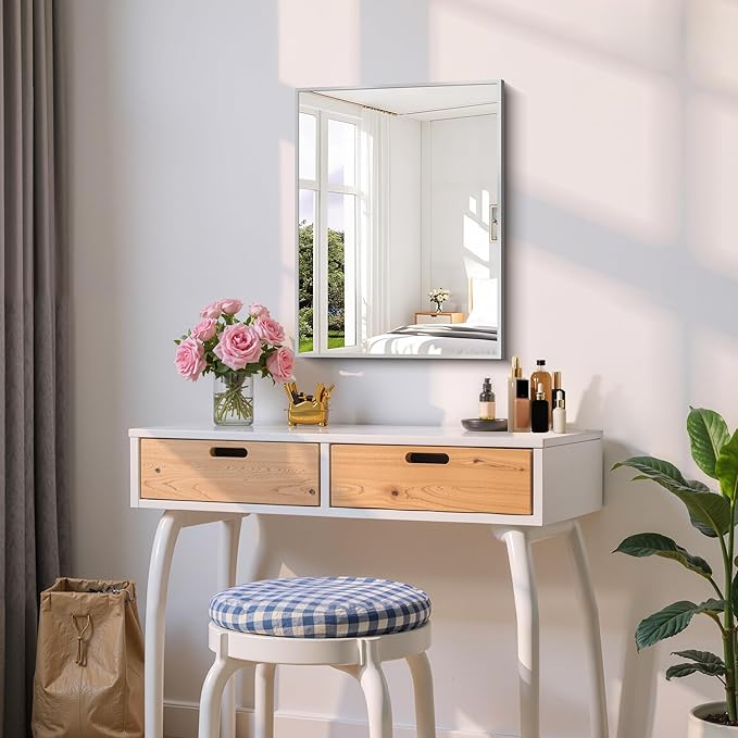Silver Bathroom Mirror for Wall, 18x24 Inch Rectangle Mirror with Metal Frame, Modern Vanity Mirrors for Bathroom Living Room, Entryway Hangs Horizontal or Vertical