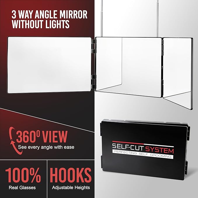 Self-Cut System 3 Way Barber Mirror with Height Adjustable Hooks, 360 Trifold Self Cut Mirror for Haircuts for Men and Women, Travel-Friendly, Three-Way Design for Easy Grooming & Styling