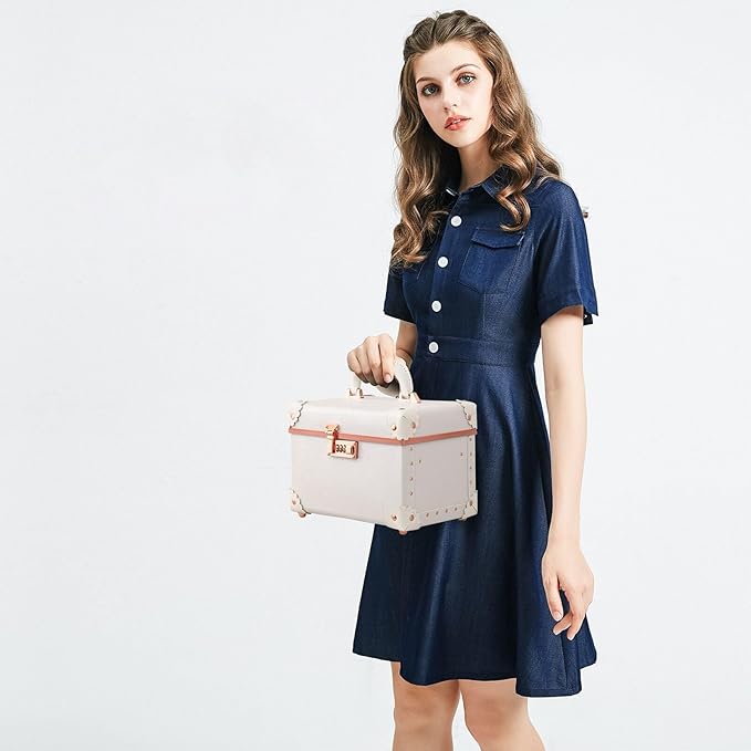 urecity Vintage Makeup Train Case with Rose Gold Hardware, White Embossed Pattern, Combination Lock Security, Portable Cosmetic Storage Box with Handle