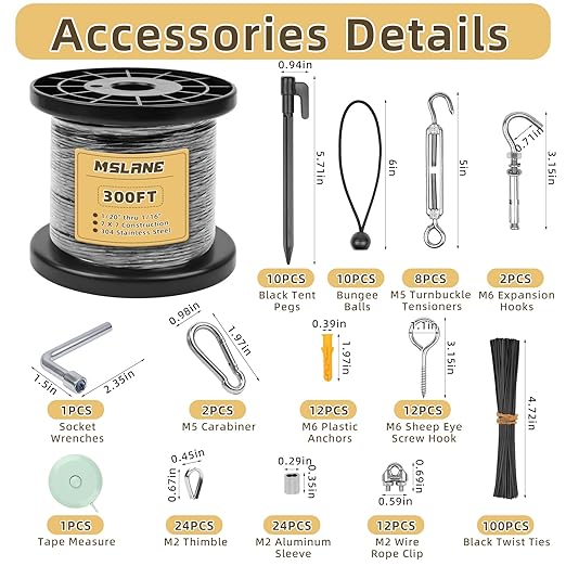 1/16" Black Wire Rope Kit 300FT 304 Stainless Steel Vinyl Coated with M5 Turnbuckles, 7x7 Strand Core Aircraft Cable for String Light, Picture Hanging, Clothesline, Curtain, and Plant Trellis