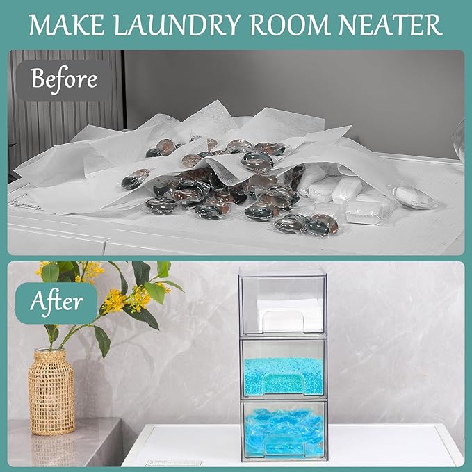 Laundry Pods Container and Laundry Detergent Powder Container Set, Dishwasher Pods Holder Set, Dryer Sheet Holder, Laundry Room Organization and Storage for Booster Beads, 3 PACK