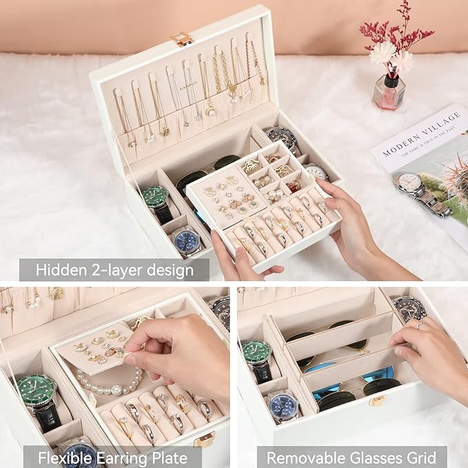LANDICI Jewelry Box Organizer for Men Women, 2 Layer 4 Slot Watch Storage Case with Removable Tray, PU Leather Large Jewellery Holder Display for Watches Sunglasses Rings Earrings Necklace, White